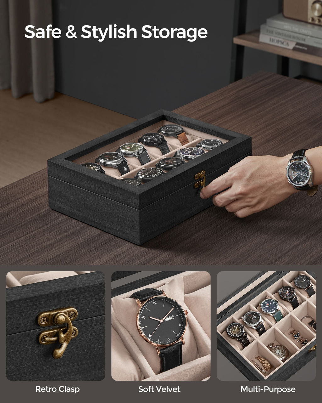12-Slot Solid Wood Watch Box with Glass Lid