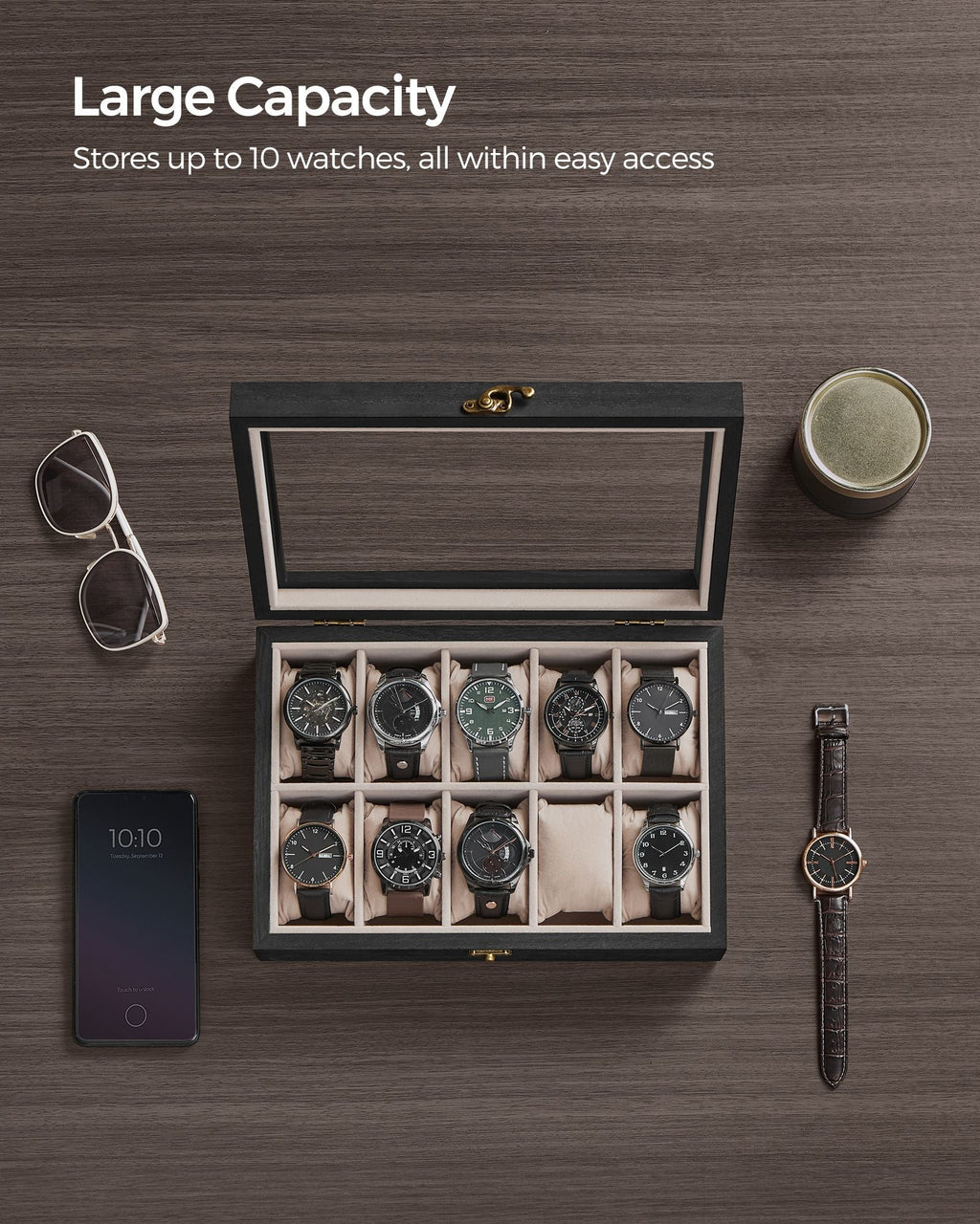 12-Slot Solid Wood Watch Box with Glass Lid