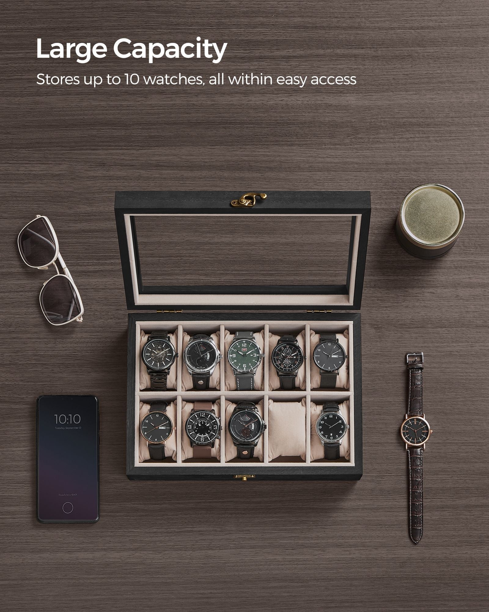 12-Slot Solid Wood Watch Box with Glass Lid