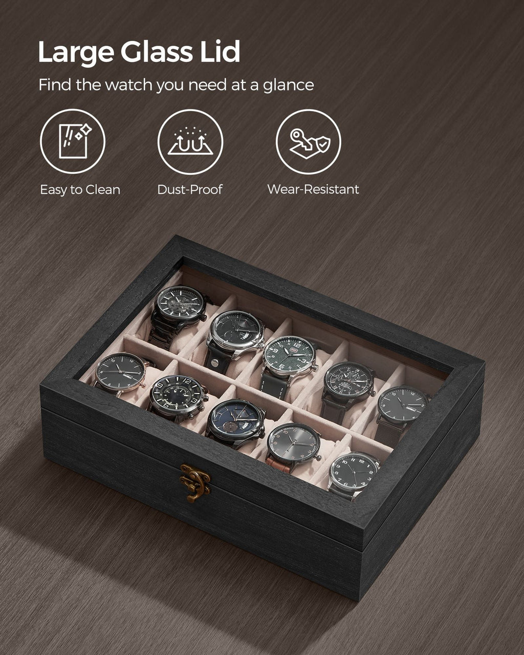 12-Slot Solid Wood Watch Box with Glass Lid