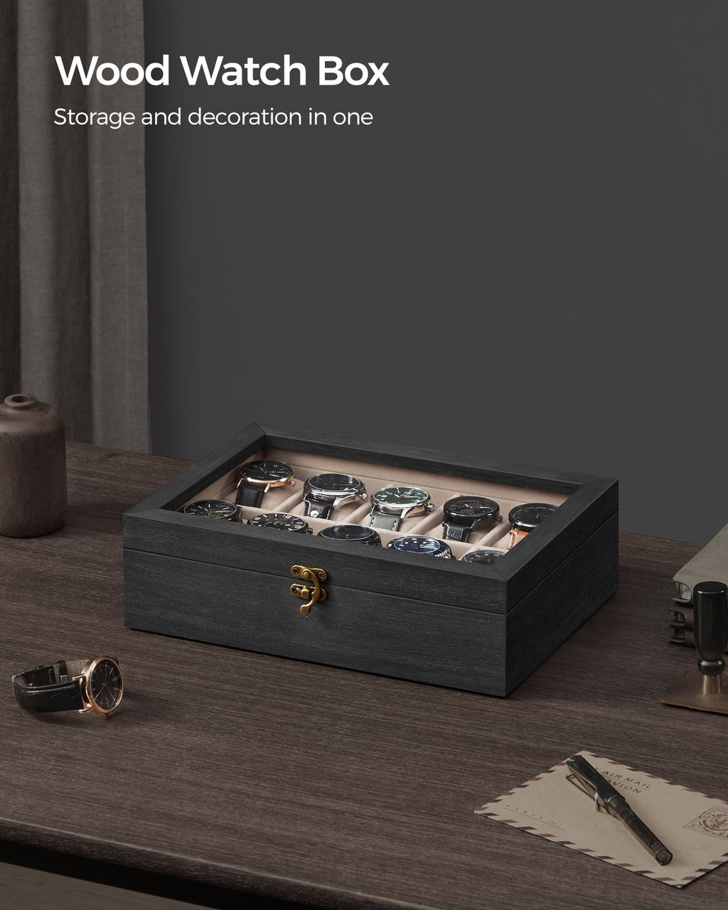 12-Slot Solid Wood Watch Box with Glass Lid