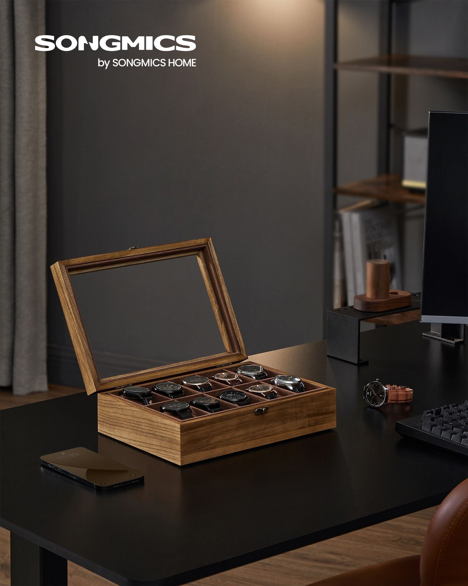 10-Slot Solid Wood Watch Box with Glass Lid