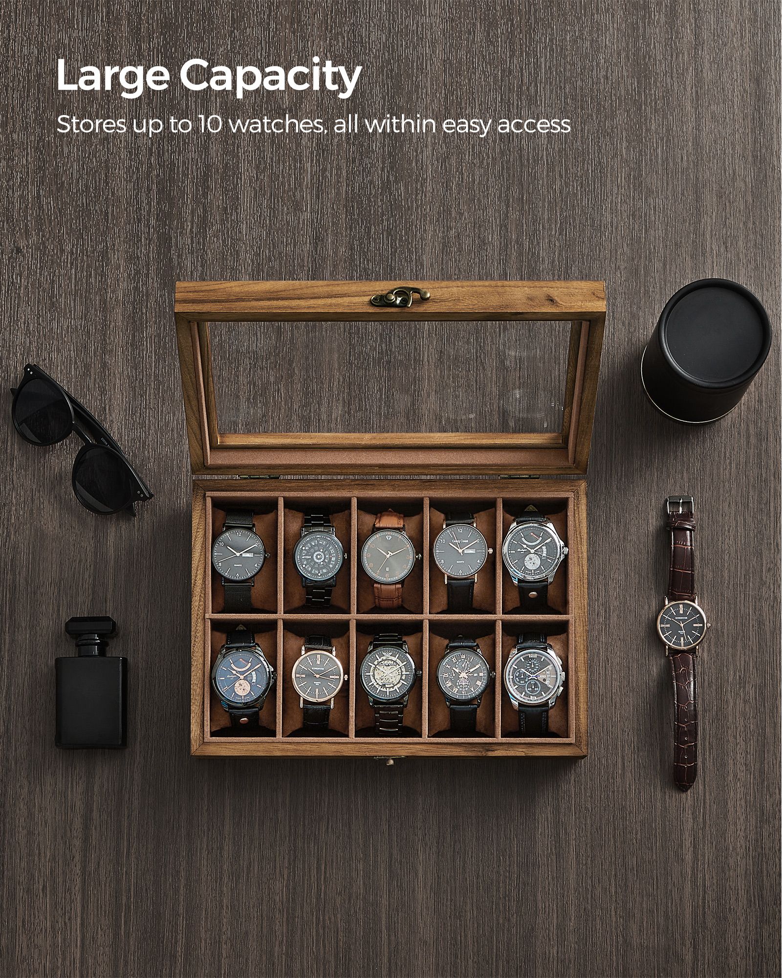 10-Slot Solid Wood Watch Box with Glass Lid