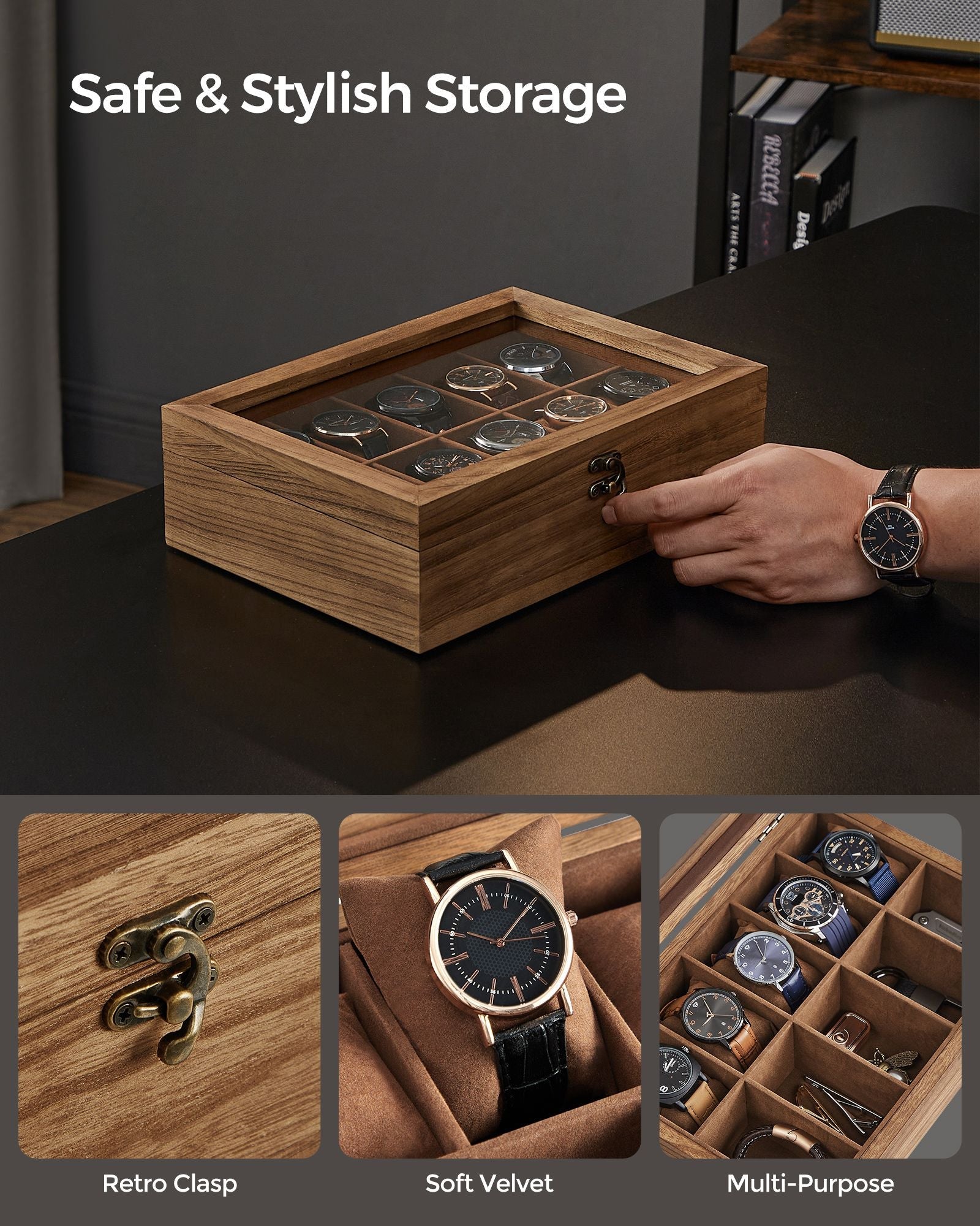 10-Slot Solid Wood Watch Box with Glass Lid