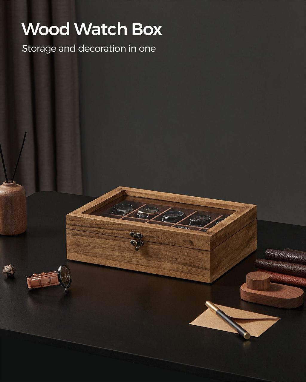 10-Slot Solid Wood Watch Box with Glass Lid