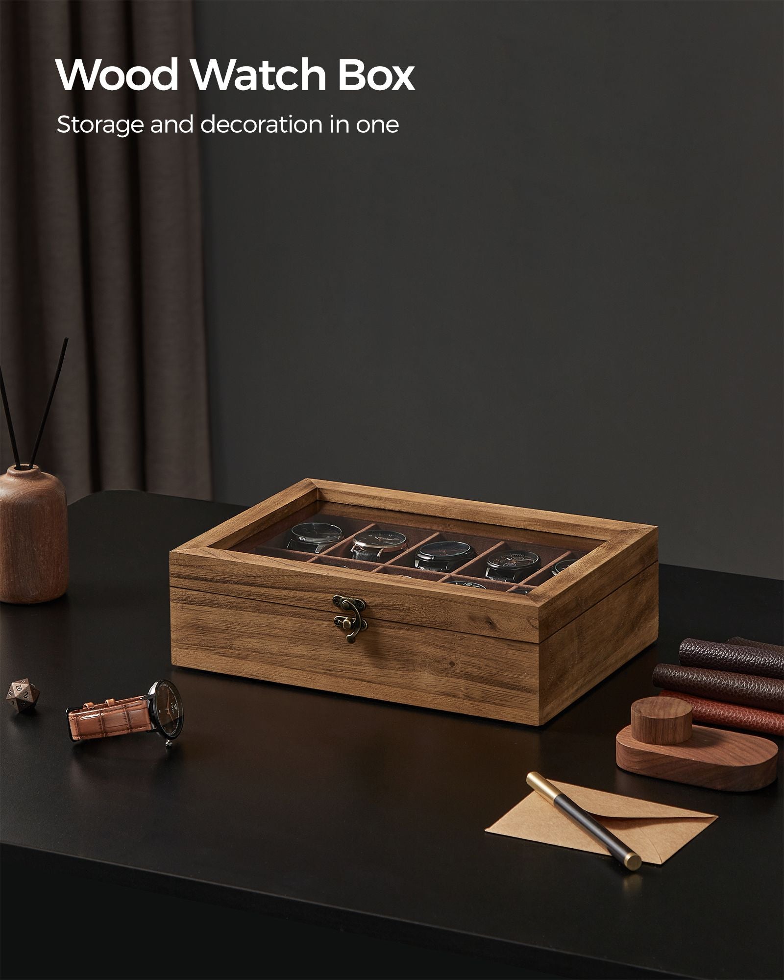 10-Slot Solid Wood Watch Box with Glass Lid