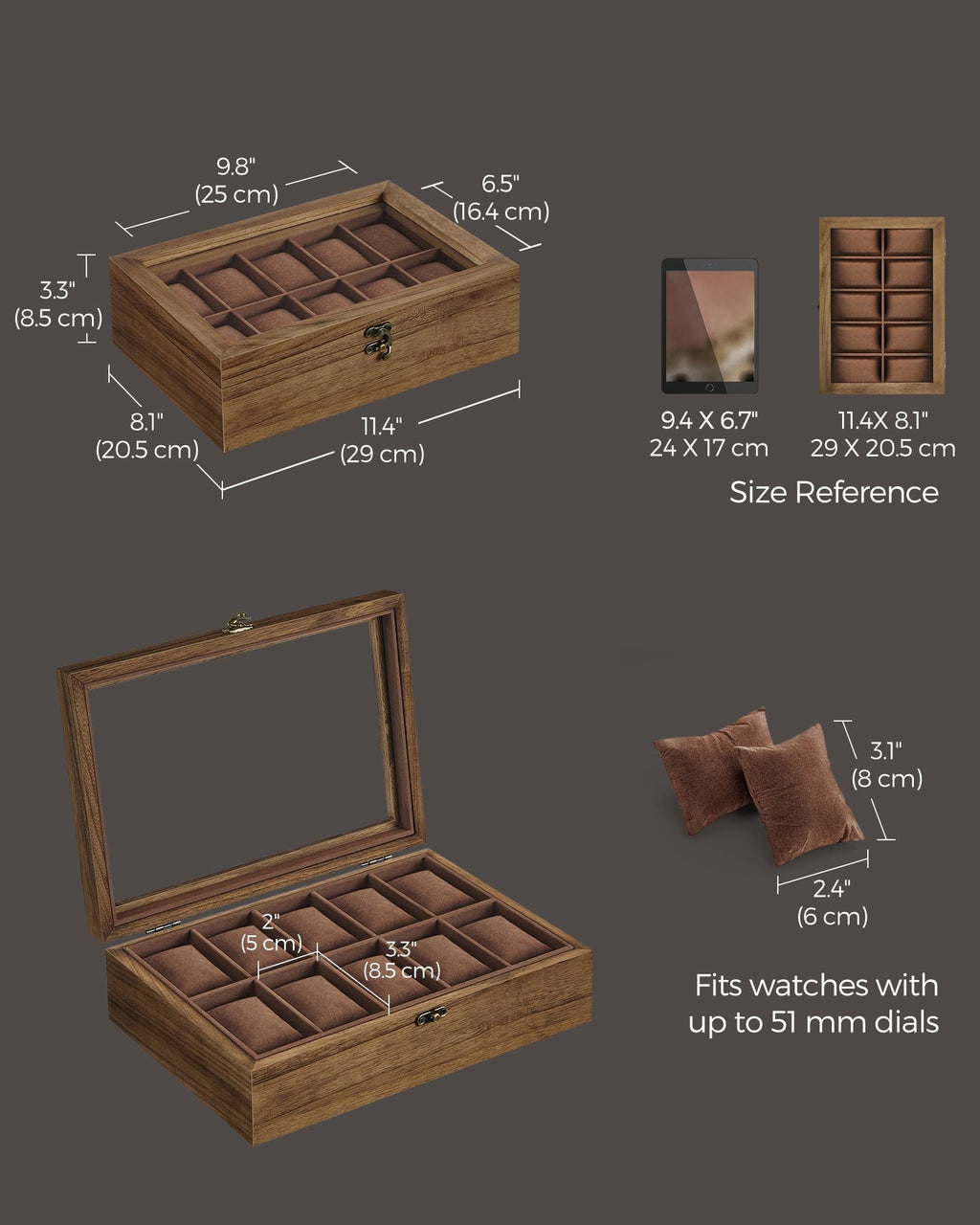 10-Slot Solid Wood Watch Box with Glass Lid