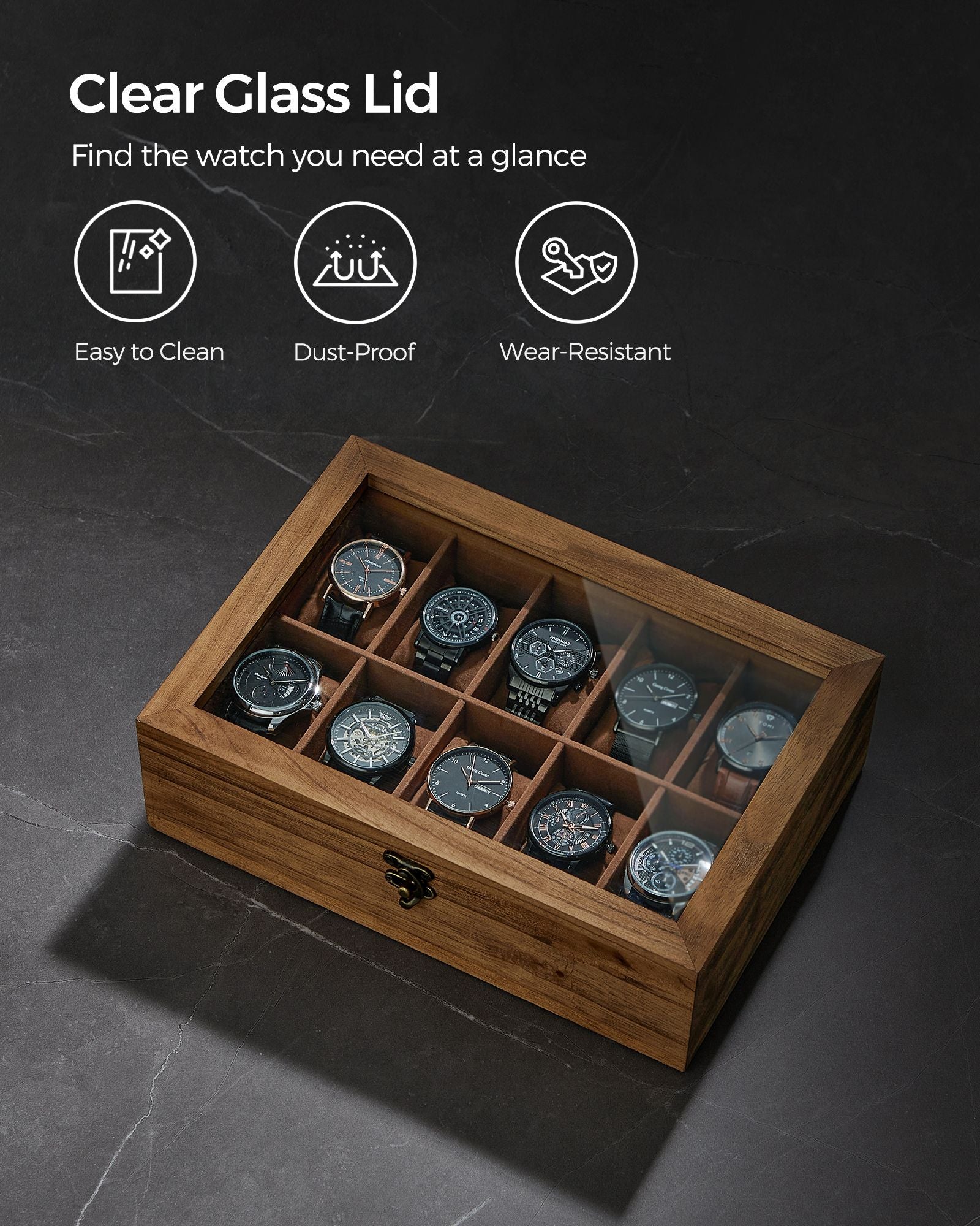 10-Slot Solid Wood Watch Box with Glass Lid