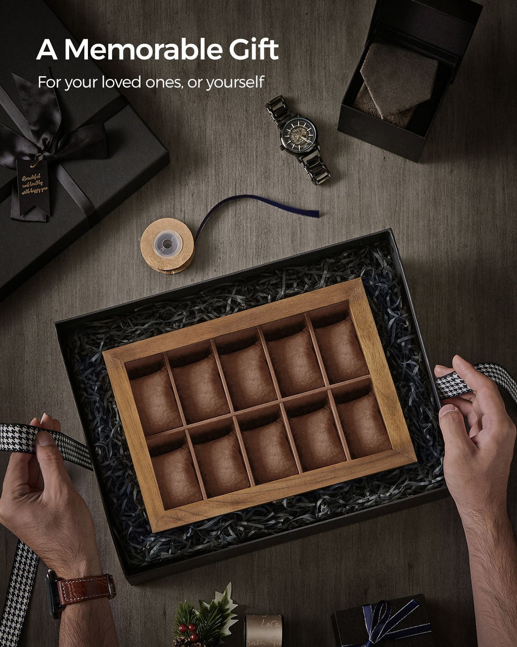 10-Slot Solid Wood Watch Box with Glass Lid