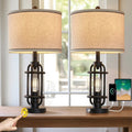 Set of 2 - Farmhouse Dimmable Touch USB Table Lamp with Beige Linen Drum Shade