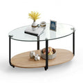 2-Tier Glass-Top Oval Coffee Table with Wooden Shelf for Living Room