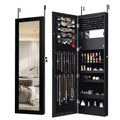 Lockable Wall Door Mounted Mirror Jewelry Cabinet w/LED Lights-Brown