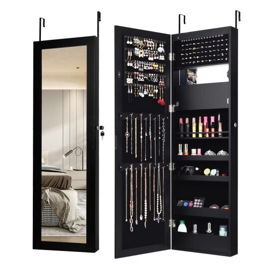 Lockable Wall Door Mounted Mirror Jewelry Cabinet w/LED Lights-Brown