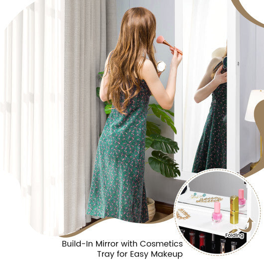 Lockable Wall Door Mounted Mirror Jewelry Cabinet w/LED Lights-Brown