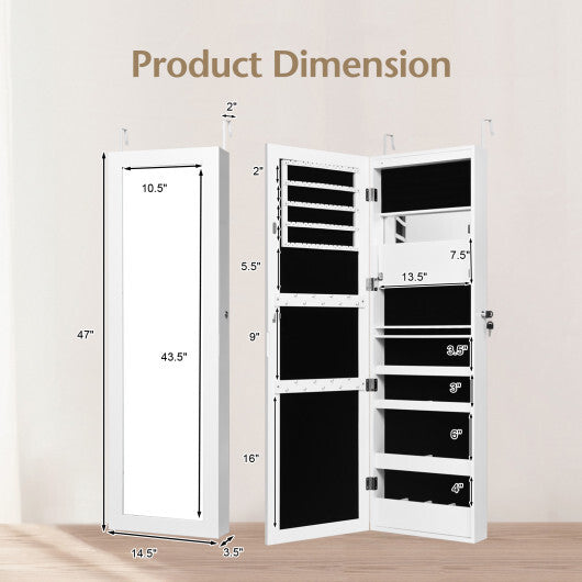 Lockable Wall Door Mounted Mirror Jewelry Cabinet w/LED Lights-Brown