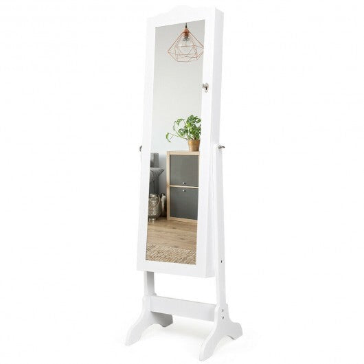 4-Angle Tilting Mirrored Lockable Jewelry Cabinet with Large Storage Capacity-White - Color: White