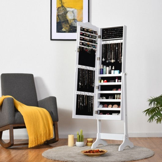 4-Angle Tilting Mirrored Lockable Jewelry Cabinet with Large Storage Capacity-White - Color: White