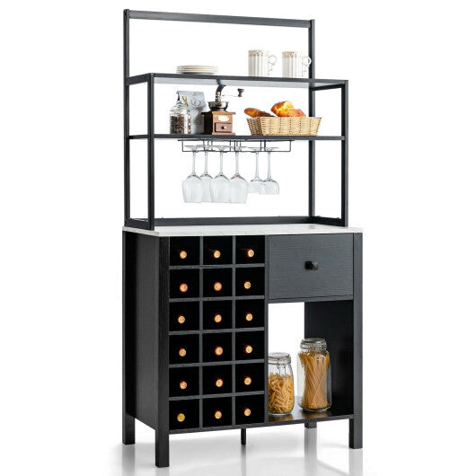 Kitchen Bakers Rack Freestanding Wine Rack Table with Glass Holder and Drawer-Black - Color: Black