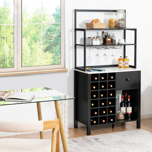 Kitchen Bakers Rack Freestanding Wine Rack Table with Glass Holder and Drawer-Black - Color: Black