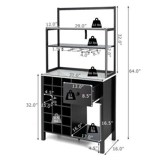 Kitchen Bakers Rack Freestanding Wine Rack Table with Glass Holder and Drawer-Black - Color: Black