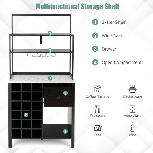 Kitchen Bakers Rack Freestanding Wine Rack Table with Glass Holder and Drawer-Black - Color: Black