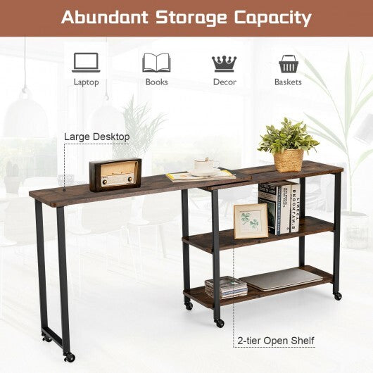 Large 360-Degree Free Rotating Sofa Side Table with Wheels and Storage Shelf-Rustic Brown - Color: Rustic Brown