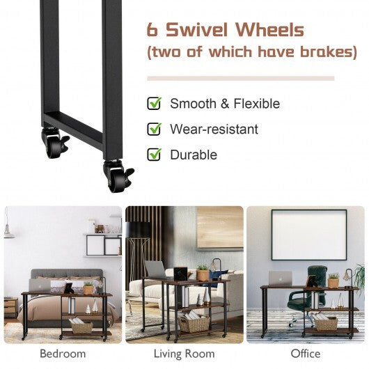 Large 360-Degree Free Rotating Sofa Side Table with Wheels and Storage Shelf-Rustic Brown