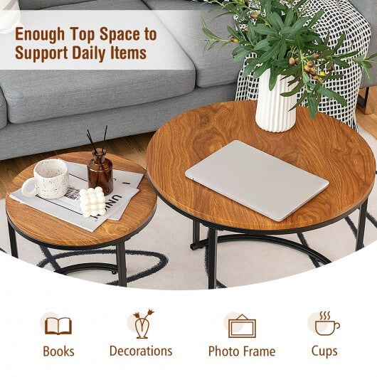 Set of 2 Modern Round Stacking Nesting Coffee Tables for Living Room-Light Brown - Color: Light Brown
