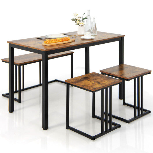 4 Pieces Space-Saving Dining Table Set with Bench and 2 Stools-Oak