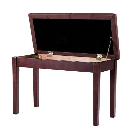 Solid Wood PU Leather Piano Double Duet Keyboard Bench-Brown - Color: Brown