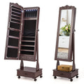 Rolling Floor Standing Mirrored Jewelry Armoire with Lock and Drawers-White