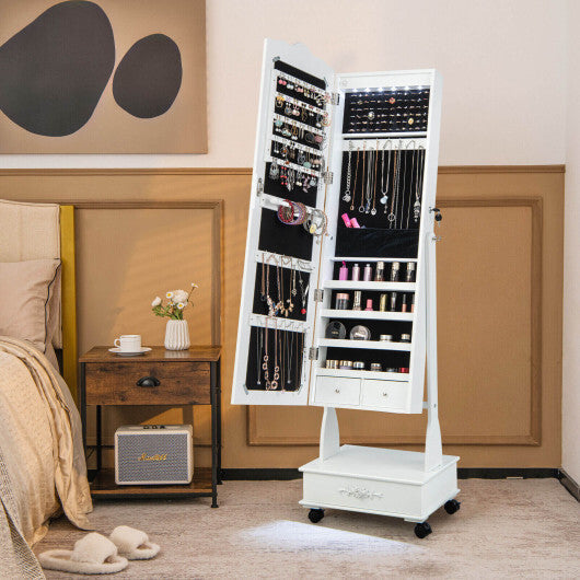 Rolling Floor Standing Mirrored Jewelry Armoire with Lock and Drawers-White - Color: White