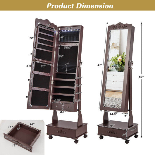 Rolling Floor Standing Mirrored Jewelry Armoire with Lock and Drawers-White