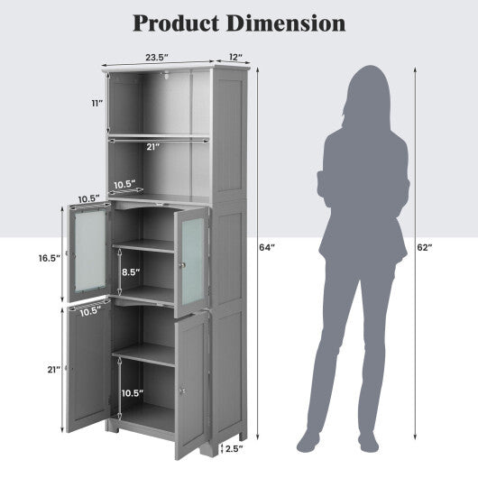 6-Tier Freestanding Bathroom Cabinet with 2 Open Compartments and Adjustable Shelves-Black