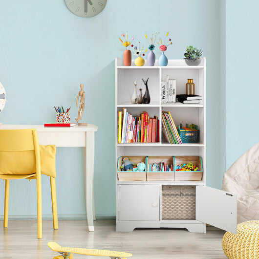 4 Tiers Bookshelf with 4 Cubes Display Shelf and 2 Doors-White - Color: White