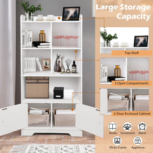 4 Tiers Bookshelf with 4 Cubes Display Shelf and 2 Doors-White - Color: White