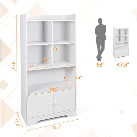4 Tiers Bookshelf with 4 Cubes Display Shelf and 2 Doors-White - Color: White