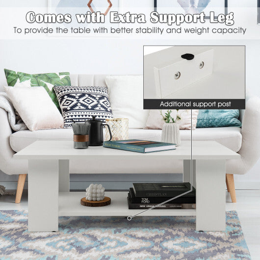 Large 36 Inch 2-Tier Wooden Modern Coffee Table with Storage Shelf-White - Color: White