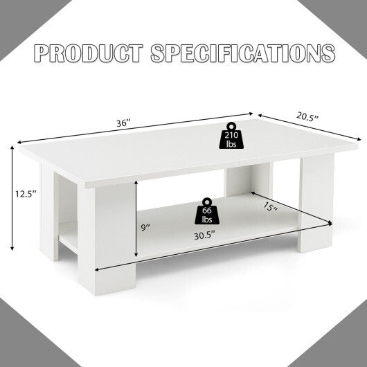 Large 36 Inch 2-Tier Wooden Modern Coffee Table with Storage Shelf-White - Color: White