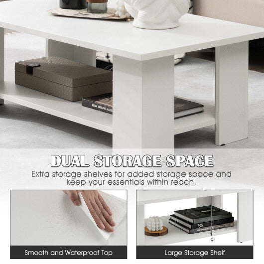 Large 36 Inch 2-Tier Wooden Modern Coffee Table with Storage Shelf-White - Color: White