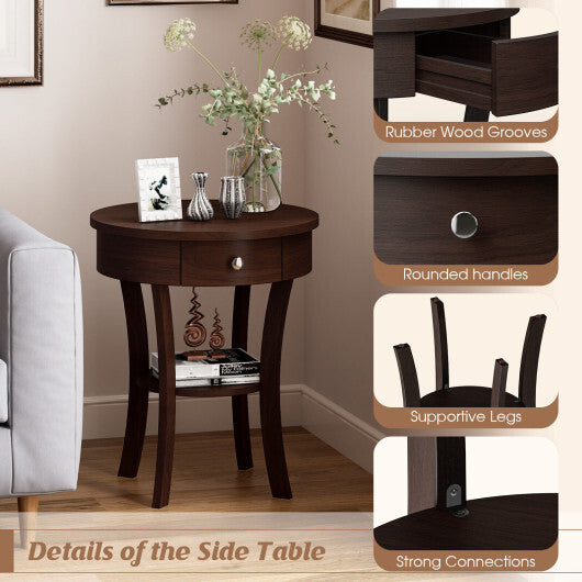 2-Tier Wood Round End Table with Open Drawer-White