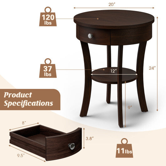 2-Tier Wood Round End Table with Open Drawer-White