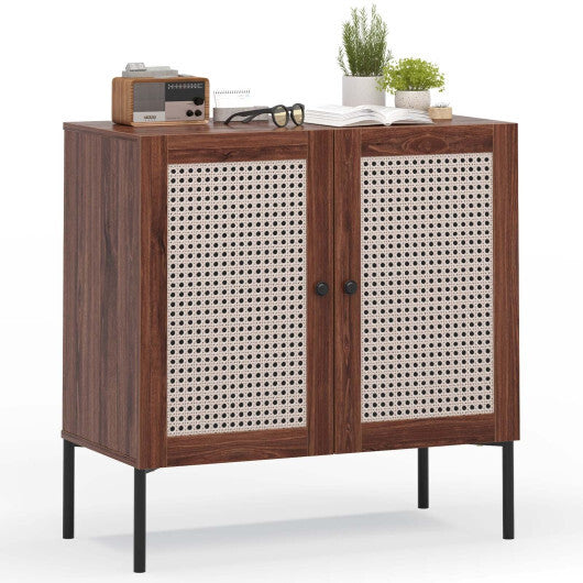 Kitchen Sideboard with 2 Rattan Doors and Adjustable Shelf-Walnut