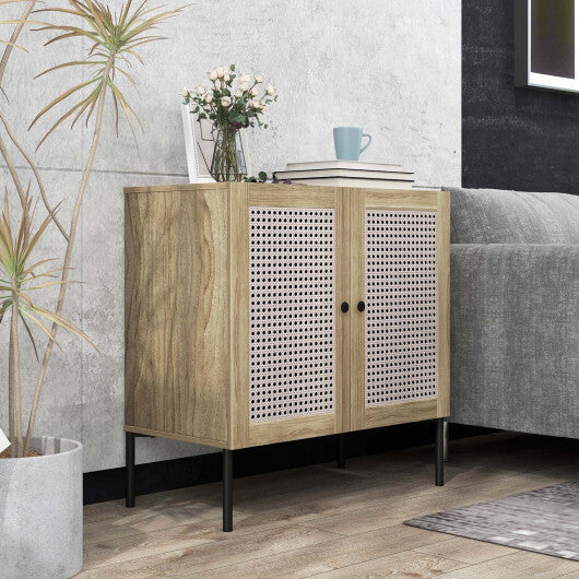 Kitchen Sideboard with 2 Rattan Doors and Adjustable Shelf-Walnut
