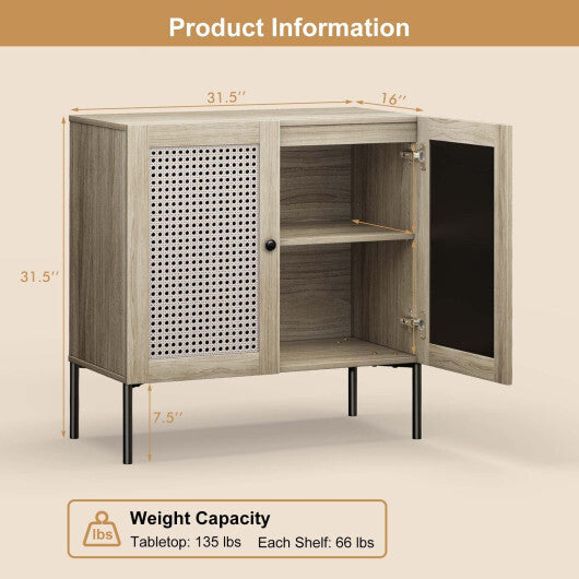 Kitchen Sideboard with 2 Rattan Doors and Adjustable Shelf-Walnut