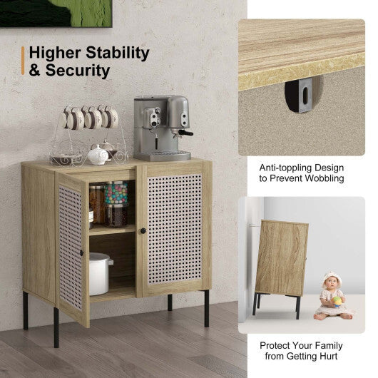 Kitchen Sideboard with 2 Rattan Doors and Adjustable Shelf-Walnut