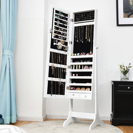 Lockable Mirrored Jewelry Cabinet Armoire Storage Organizer Box-White - Color: White