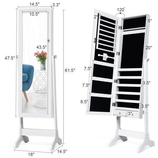 Lockable Mirrored Jewelry Cabinet Armoire Storage Organizer Box-White - Color: White