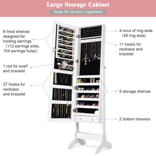 Lockable Mirrored Jewelry Cabinet Armoire Storage Organizer Box-White - Color: White