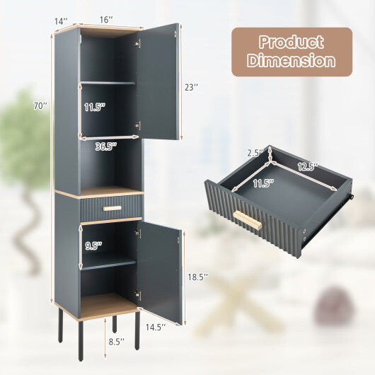 Free-Standing Bathroom Cabinet Narrow Linen with Doors and Drawer-Gray